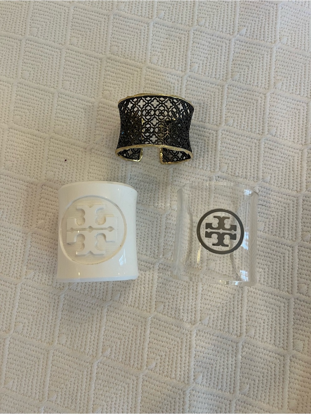 Tory Burch White and Clear Logo cuffs, Kendra Scott Filigree cuff